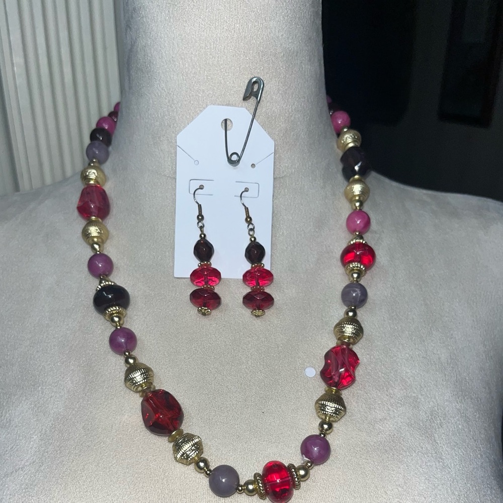 Statement Beaded Necklace & Earrings Set Pink Purple Gold Tone Bold Y2K